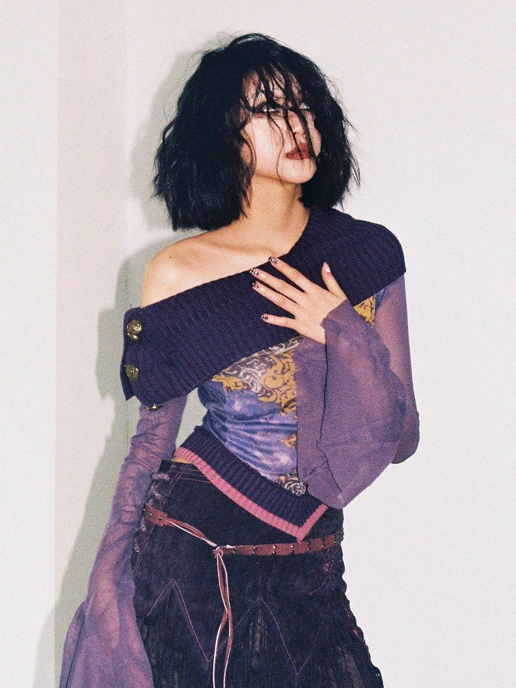 Sleeve Collar Floral - Accent Bell Knitted Top Purple Deep Print