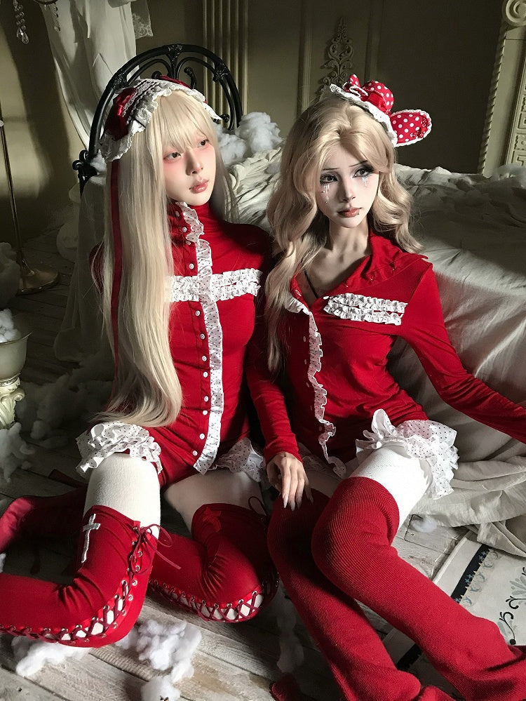 Red/White Ruffles Dot Tiered Shorts Polka with Trim Christmas Gothic