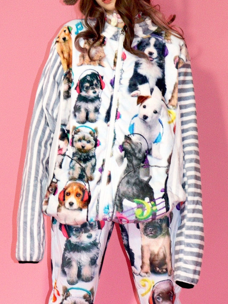 Print Puppy Gyaru Fashion Striped Pattern White Jacket