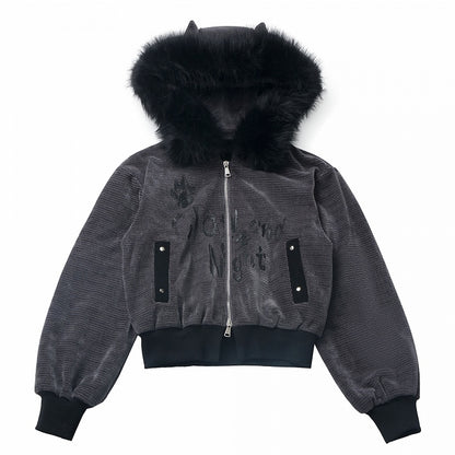in Ears Jacket Trim Corn Faux Wolf Rib Dark Gray Texture Fur Hooded