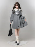 Coat Decor Pom-Pom Wool Waist-Tie Gray Aesthetic