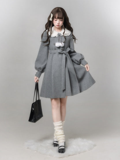 Coat Decor Pom-Pom Wool Waist-Tie Gray Aesthetic