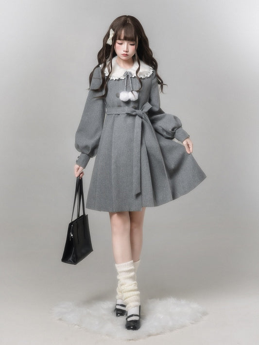 Coat Decor Pom-Pom Wool Waist-Tie Gray Aesthetic