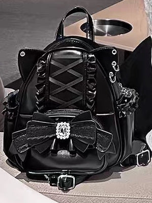 Black Kei Cat Ear Backpack With Beaded and Rhinestone Bow Jirai