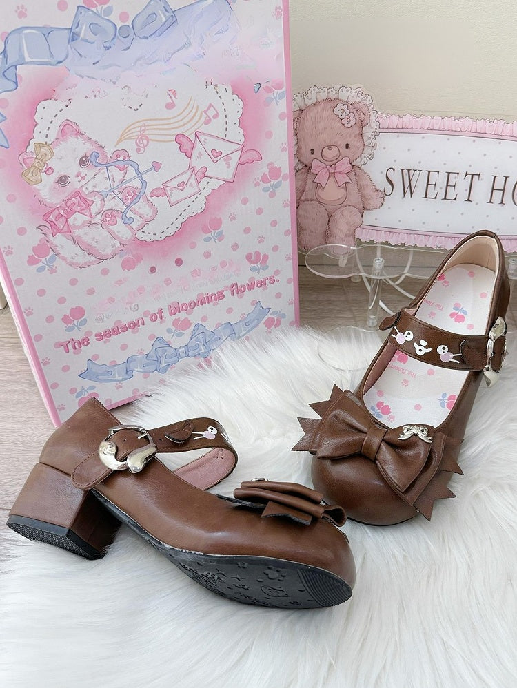Puppy Buckle & Bow Accents PU Brown Mid Heels in Sweet Lolita