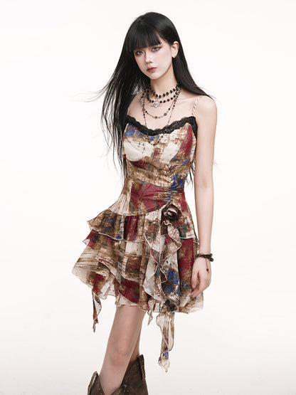 Gothic Cascading Multicolor Asymmetric Waist with Slip Ruffles Rose Hem Dress