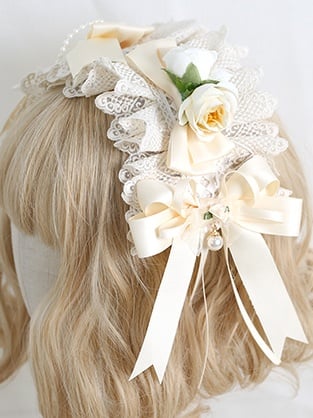 Bowknot And Bead Lace Sweet Hairband Lolita Beige With Floral