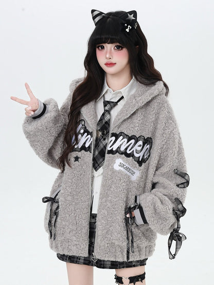 - Letter Jacket Black/ Gray Daily Hooded Kawaii Plush Pattern
