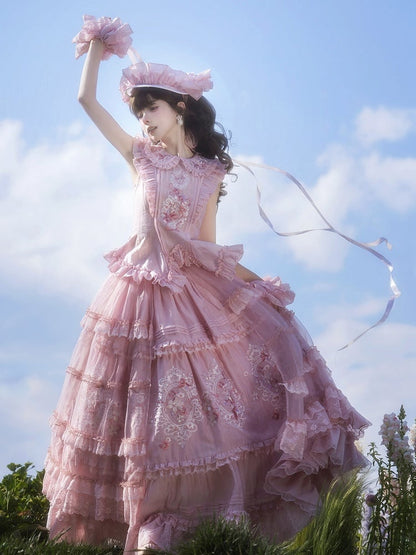 Pink Flutter Sleeves Lolita Top + Floral Embroidery Ruffled Skirt + Sheer Overlay + Hat Set - Misty Isle Letter