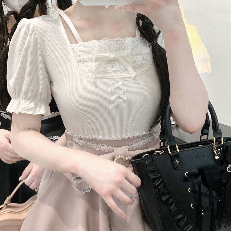 Jirai Kei Details Bowknot Trim Pink/White/Black Lace