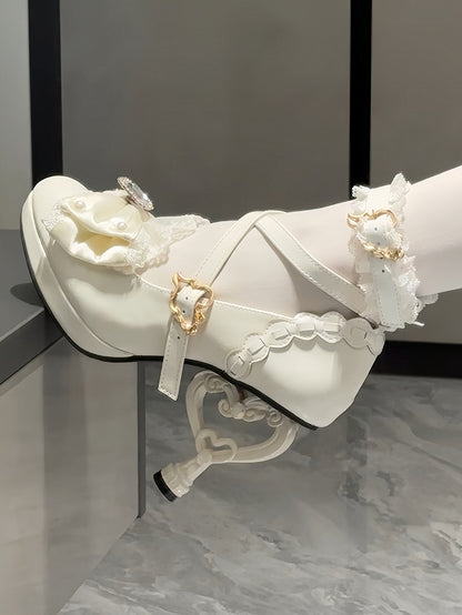 Shoes Off-white Bead - Princess Style Accent High-heel Bow Rhinestone