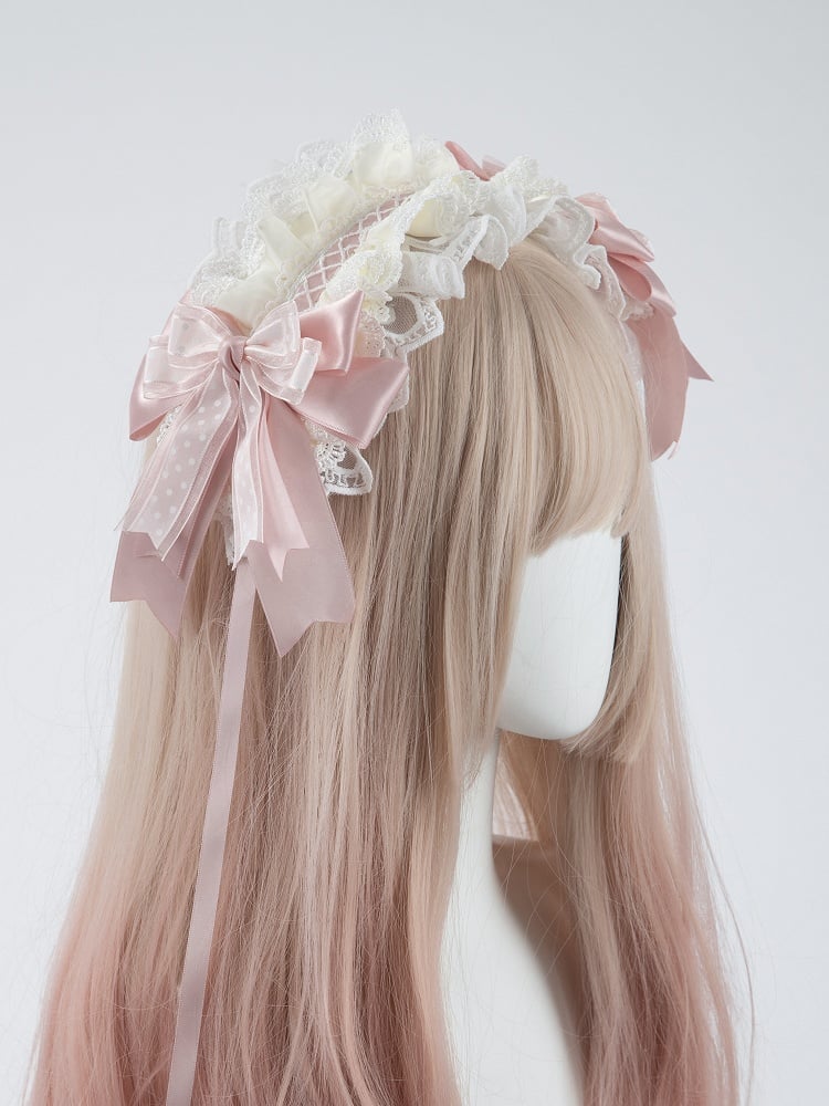 Ruffled Bows Ears with Removable Lace Bunny Pastel Pink Hairband