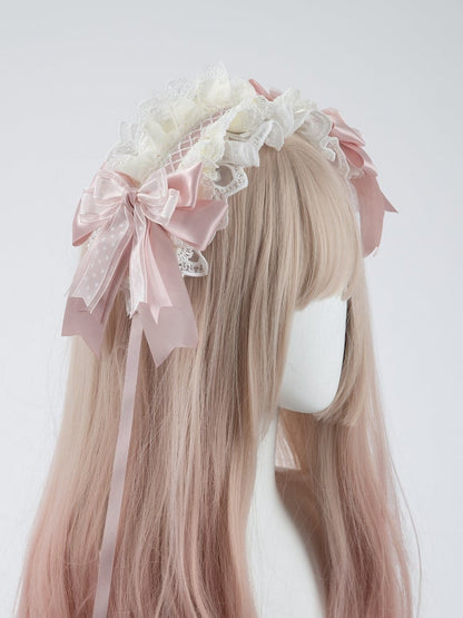 Ruffled Bows Ears with Removable Lace Bunny Pastel Pink Hairband