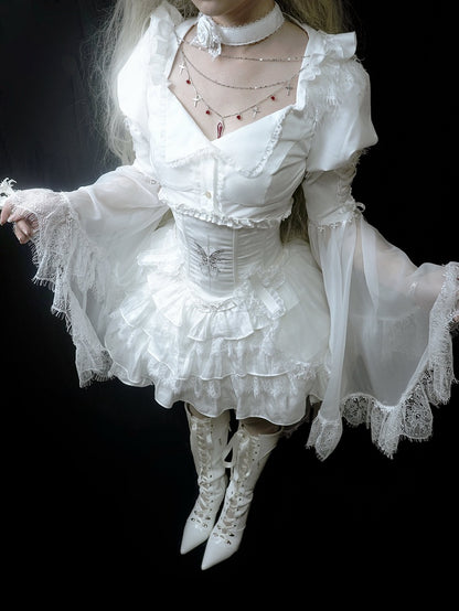 Corset Butterfly Gothic Lolita with Waist Boned Embroidery Tiered White Skirt
