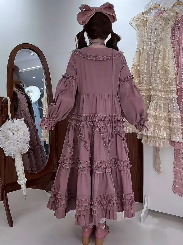 with Elegant Dress Purple Long Lolita Button-Front Tiered Sleeves Ruffle Detail