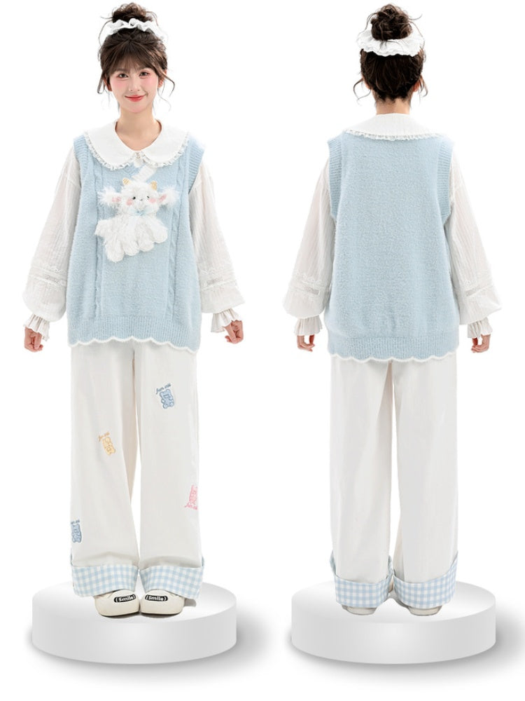 Yume Kawaii Blue Knitted Vest with Plush Lamb at Front