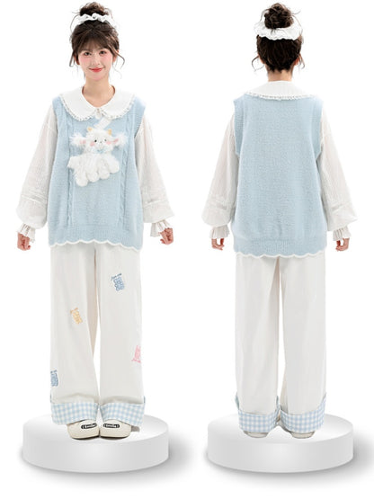 Yume Kawaii Blue Knitted Vest with Plush Lamb at Front