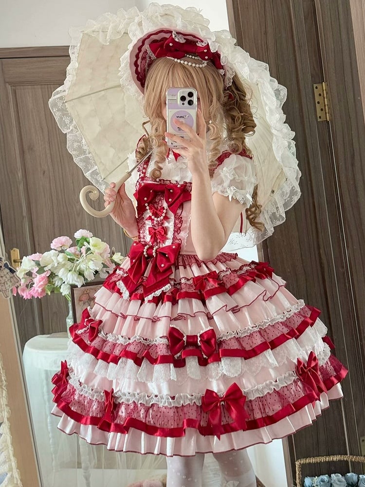 Skirt Tiered Red Old Sweet Pink Ruffles School Bows Decorated and