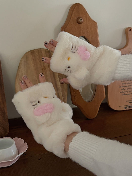 Weiße süße Kätzchen-Plüschhandschuhe