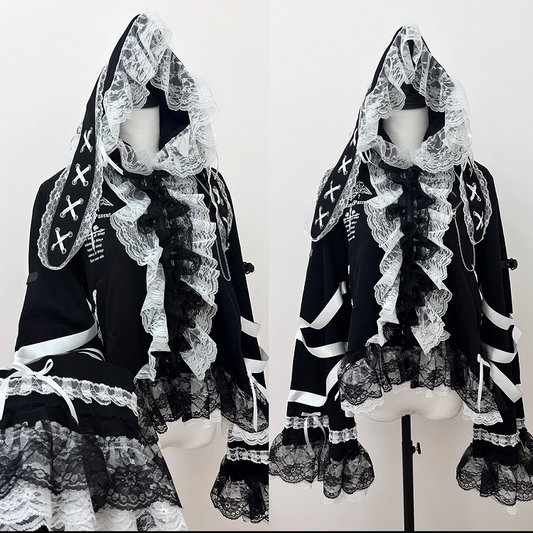 Lining Jirai Fur Lace with Opulent Rabbit Black Ear Kei Jacket White Faux