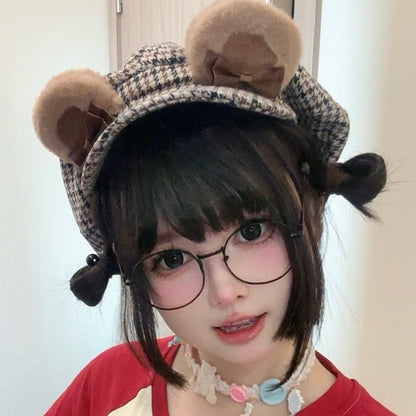 Bear Beret Hat Brown Ear Houndstooth Pattern