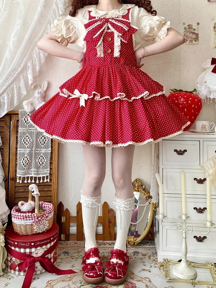 Overall Dress Pattern Red Lolita Polka-dot School Old