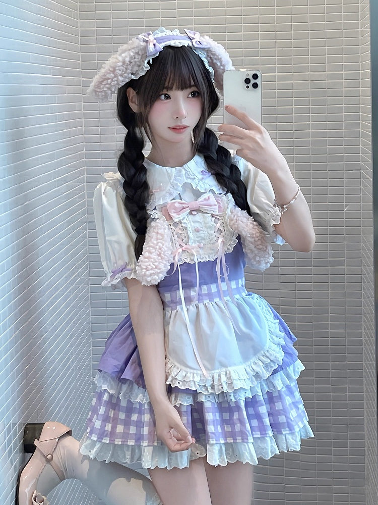 Dress Apron and Design Puppy with Ear Sweet Overall Detail Purple Gingham Lolita