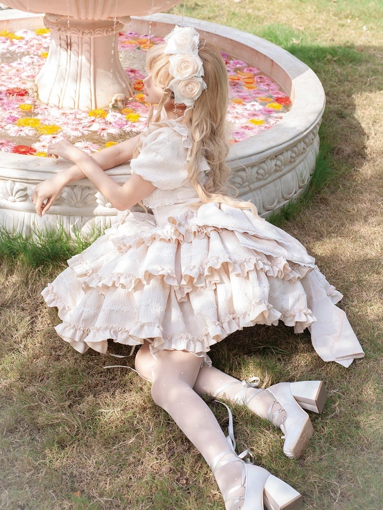 Rücken mit Korsett OP Große Rüsche am Kleid Champagner Rock Schleife Taille Lolita Prinzessin