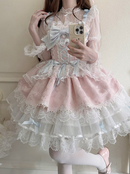 JSK Train / Details Lolita Embossed Dress Pink Only Bow Lace Jacquard Ruffled Princess + with Cute