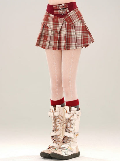 Red/Blue Buckle Pleated Plaid Skirt Mini Waist High Straps