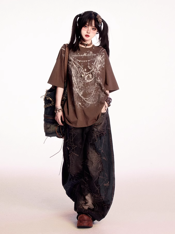 Raw Black Low Hem Rise Distressed Holes Wide-leg Jeans