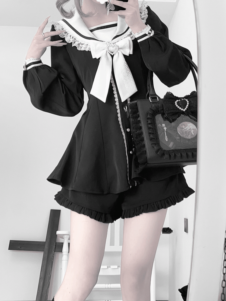 Schwarz-weißes Kei-Minikleid mit Ohrenschleife, Shorts mit Rüschensaum, Jirai und Rückenschnürung, Matrosenkragen, Hasen-Design-Set