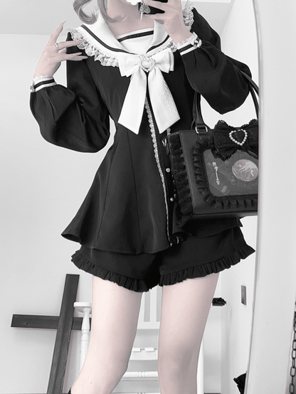 Schwarz-weißes Kei-Minikleid mit Ohrenschleife, Shorts mit Rüschensaum, Jirai und Rückenschnürung, Matrosenkragen, Hasen-Design-Set