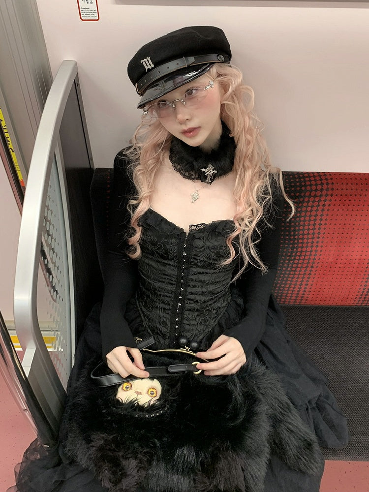 Embossed Lace-Up Back with Jacquard Lace Black/White Top Sleeve Frill Long