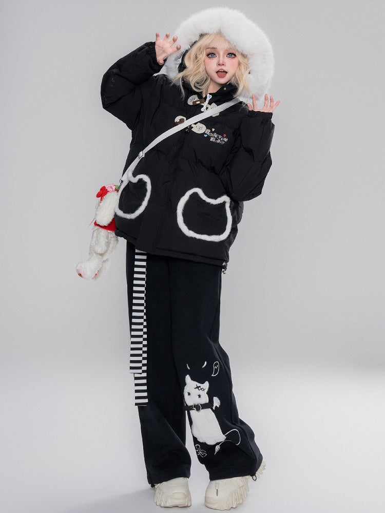 Black/Pink Letters Cat Ears Design Hooded Puffer Jacket