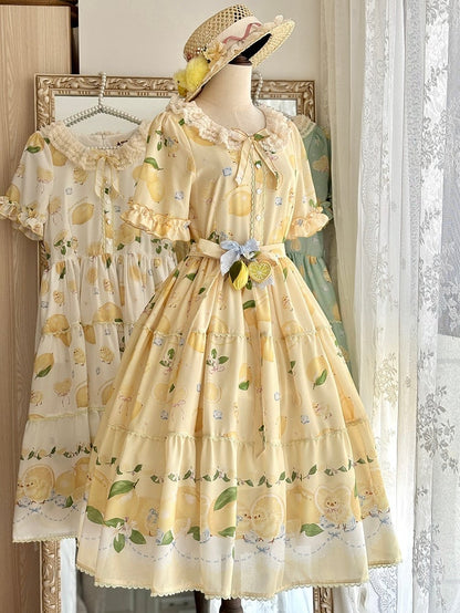 春とひよこドレス袖ショート夏プリントロリータレモンイエロー