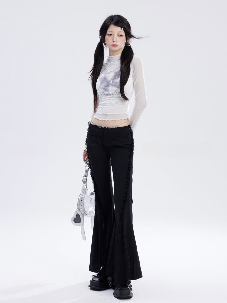 ピンク/ホワイトのセミシースルートップス、バタフライプリント、レタスヘムメッシュ