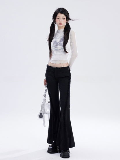 ピンク/ホワイトのセミシースルートップス、バタフライプリント、レタスヘムメッシュ