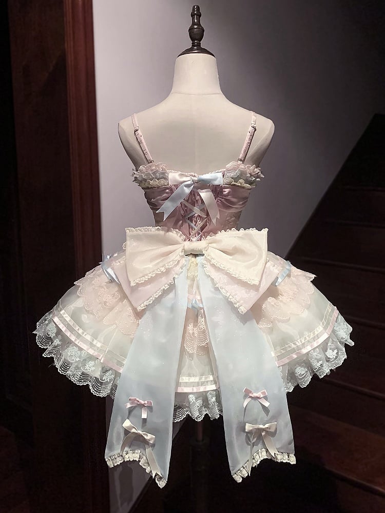 Kleid Akzente Korsett Stäbchen Riemen Regenbogen Lolita Rock Schleife Dünne Pullover Schulter Pastell
