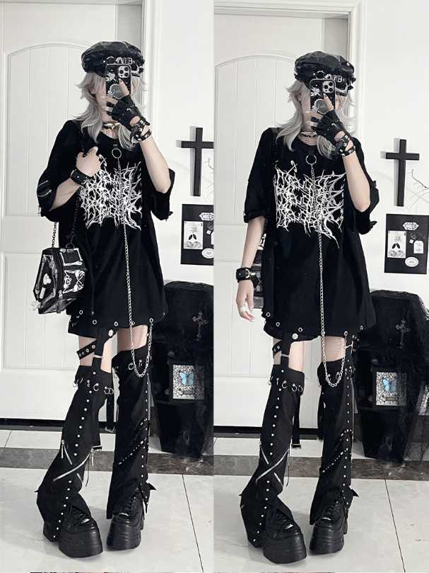 Thorn Gothic T-Shirtwith Chain Loose PrintDetachable White Black