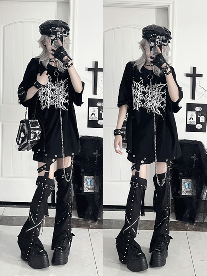 Thorn Gothic T-Shirtwith Chain Loose PrintDetachable White Black