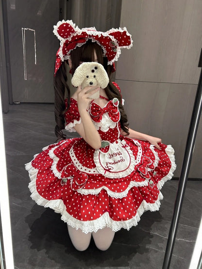 Lace Bow Dress Red Retro Details Dot Themed with Polka OP and Strawberry Lolita