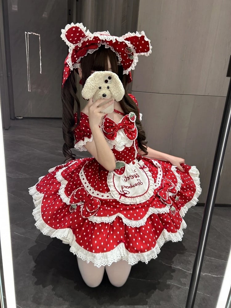 Hairband Retro Themed with Bow Dress Strawberry Ear + Bunny Details OP Polka Lolita Lace Red and Dot
