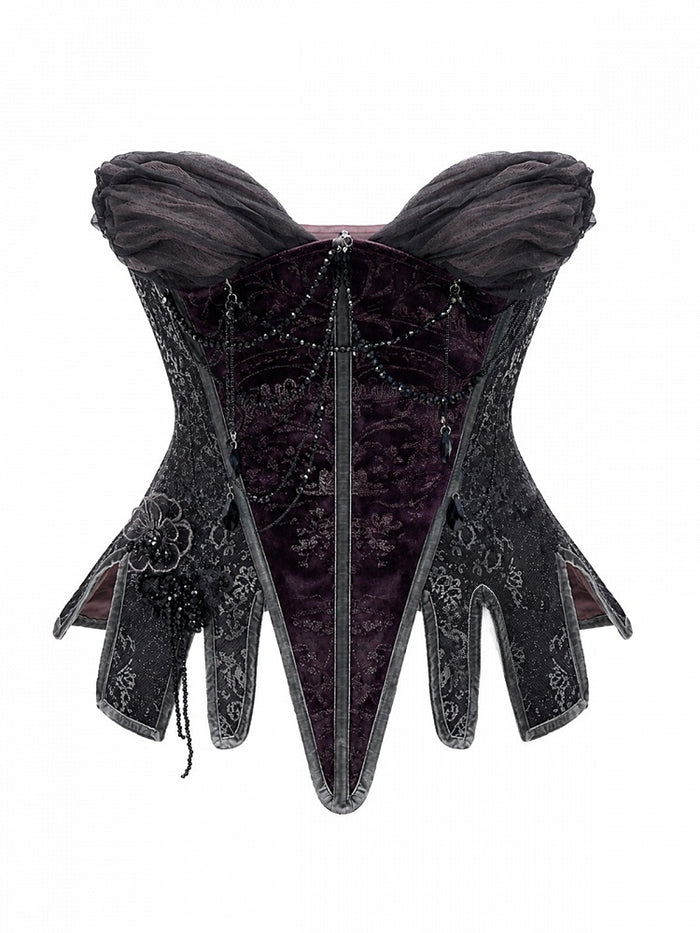 Pointed Split Hem Gothic Purple & Gray Velvet Corset with Tulle Neckline, Bead Chain & Floral Embroidery - Blood Supply
