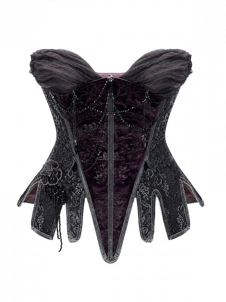 Pointed Split Hem Gothic Purple & Gray Velvet Corset with Tulle Neckline, Bead Chain & Floral Embroidery - Blood Supply