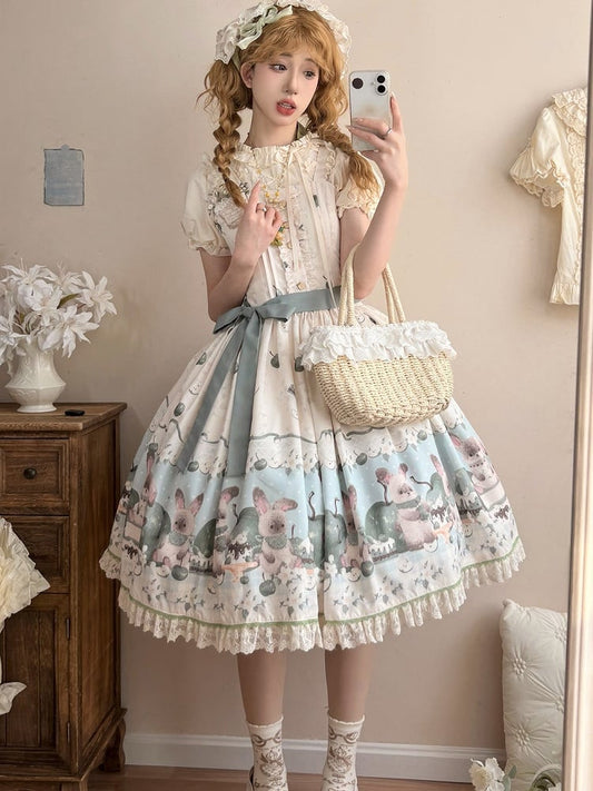 with Green Beige Trim Print Sweet Dress Lace Apple Bunny Lolita and