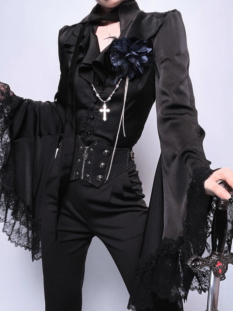 Sleeves Split-tail Shirt Lolita With Bell Black Ouji Gothic Lace Trim And
