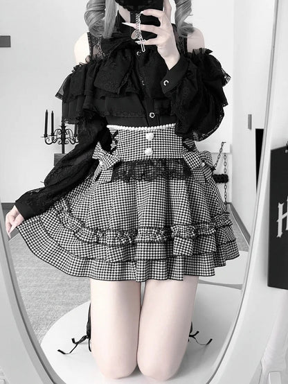Kei High-Waist Skirt:Elegant Houndstooth Black Laceand Designwith Beading Jirai