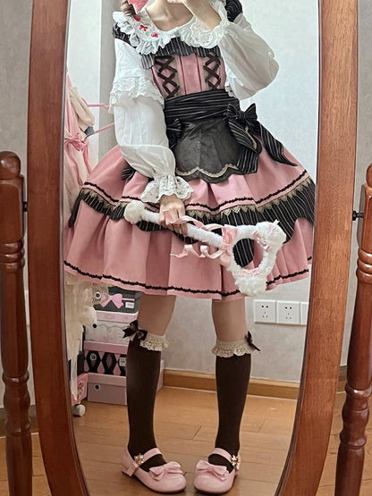 Pink Striped Square Details Sweet with Dress Bow Brown Neckline Lolita