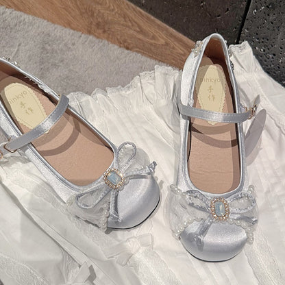 Janes Silver Lolita Mid-heel/High-heel Details Bow Beads Mary Accents with Sweet